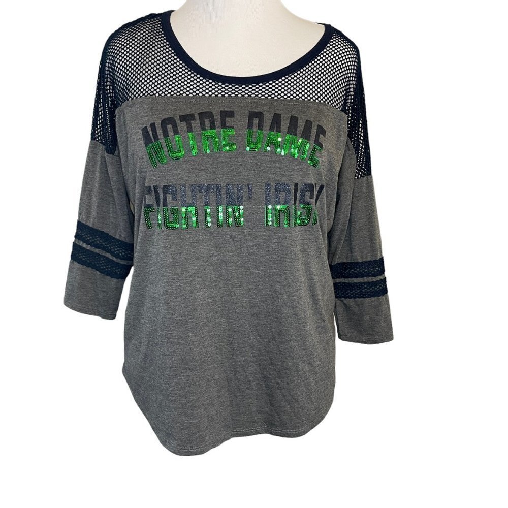 COLOSSEUM Notre Dame Fighting Irish Sequin Glitter Oversize Mesh Shirt Top Tee M